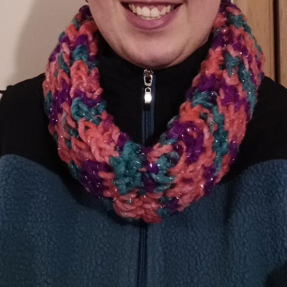 Handmade Women's Pink, Purple, Teal w/ Silver Sparkle Infinity Scarf - Picture 3 of 5